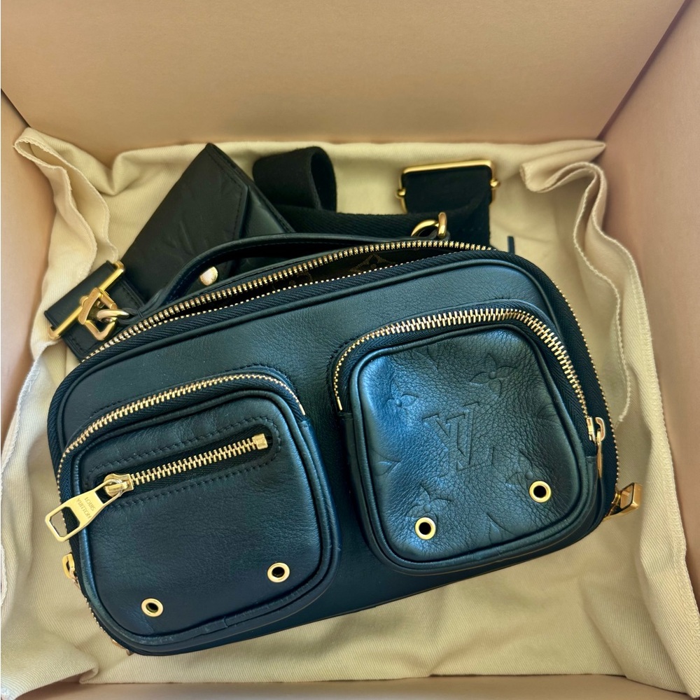 Louis Vuitton Black Leather Shoulder Bag with Gold Details
